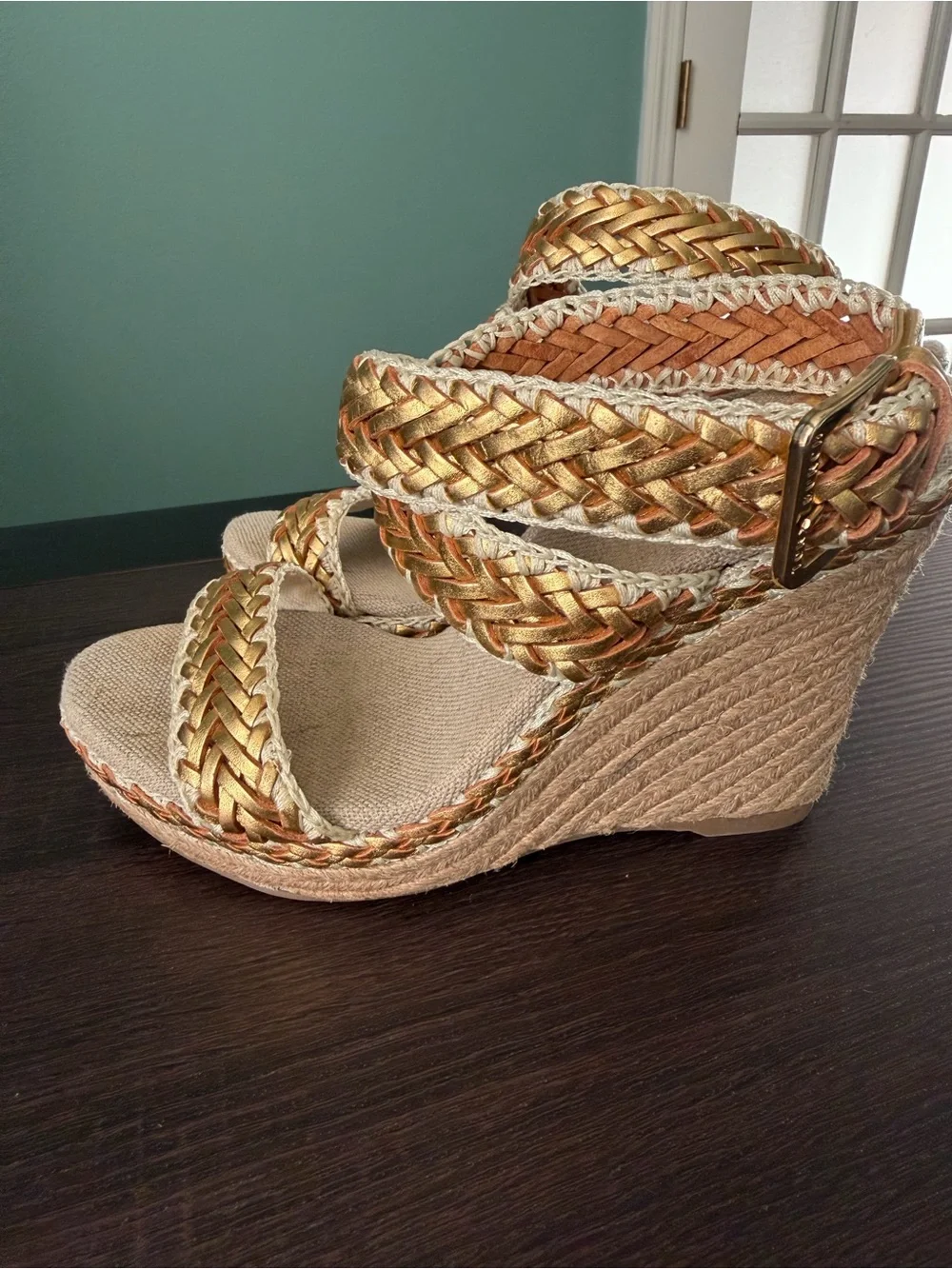 Tory Burch Metallic Gold Braided Espadrille Wedge Sandals Euro 38, US 8